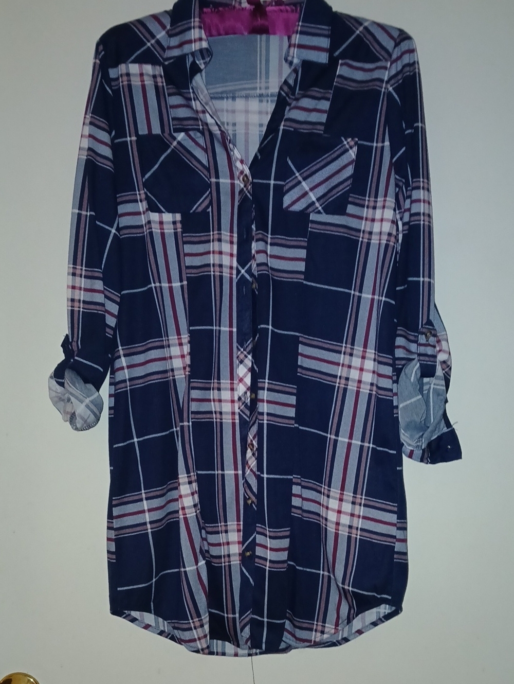 Passport Navy Plaid and Polka Dot Trim Shirt
